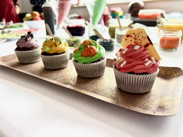 Decorated cupcakes on a tray