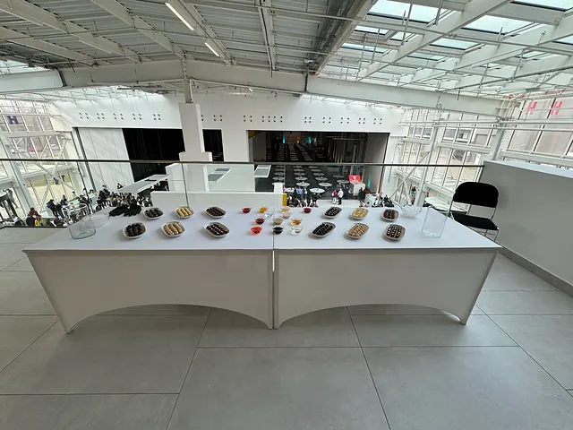 A long tasting table on the gallery of an event venue