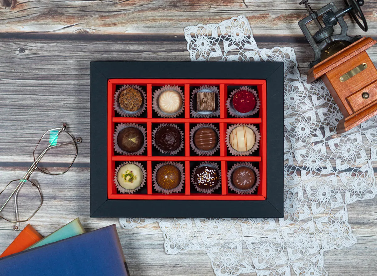 Twelve-piece MyChoccy bonbon selection in a black gift box